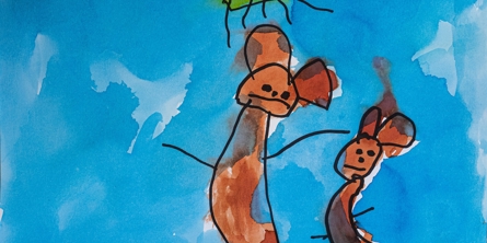 Børnetegning fra Alfehuset i Næstved Kommune. Tegningen er to kaniner med en gul sol opover, på en blå baggrund.