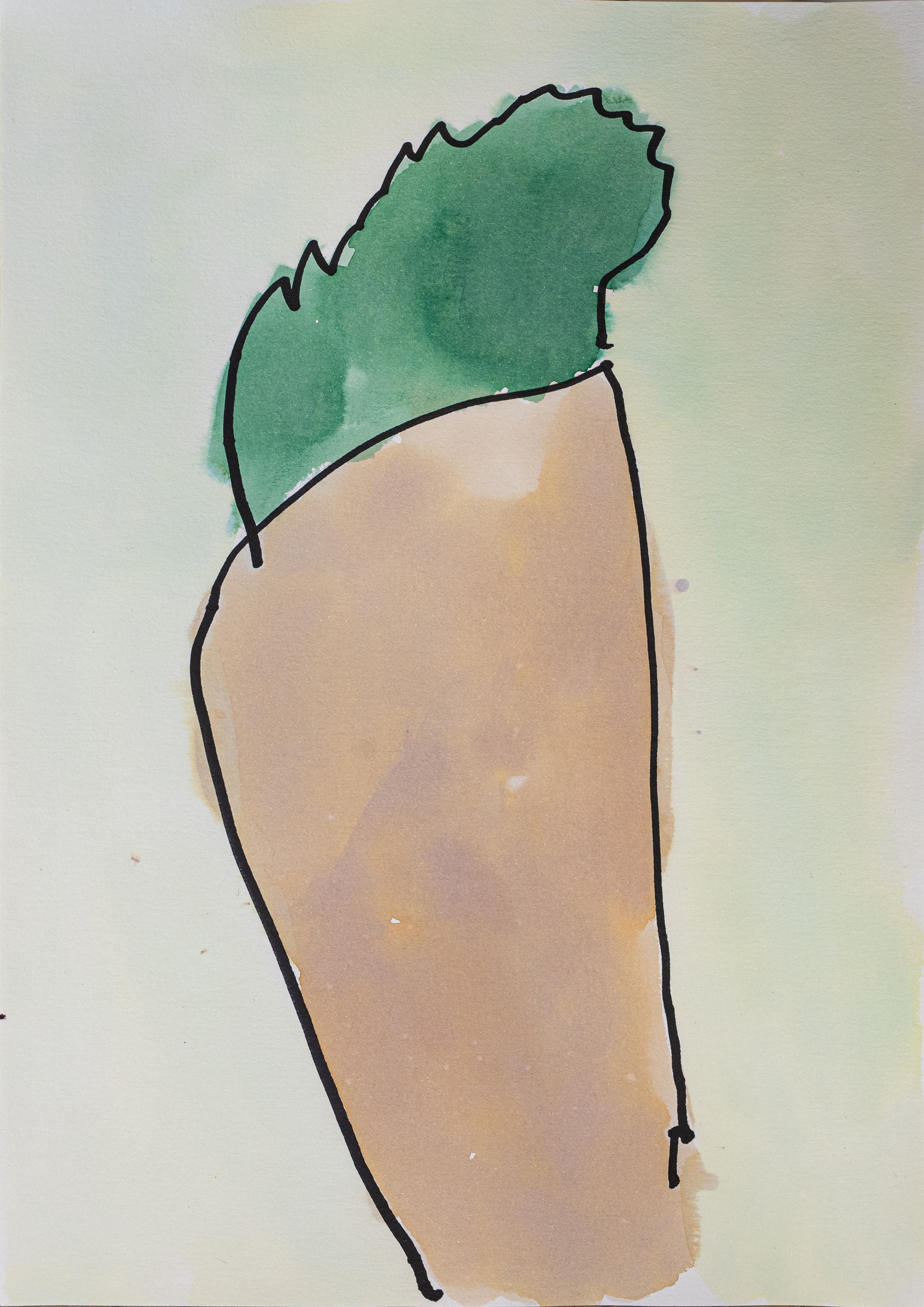 Børnetegning fra Alfehuset i Næstved Kommune. Tegningen er en brun gulerod med grønt på toppen på en grønlig baggrund.