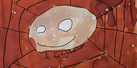 Børnetegning fra Alfehuset i Næstved Kommune. Tegningen er en grå edderkop i sit brune spind. 