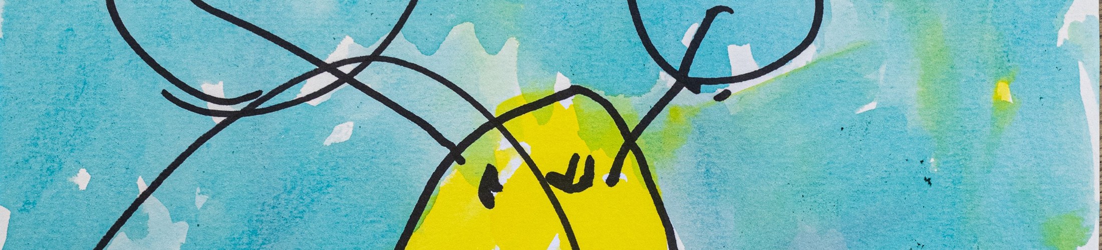 Børnetegning fra Alfehuset i Næstved Kommune. Tegningen er en gul sommerfugl med røde vinger, baggrunden er blå.