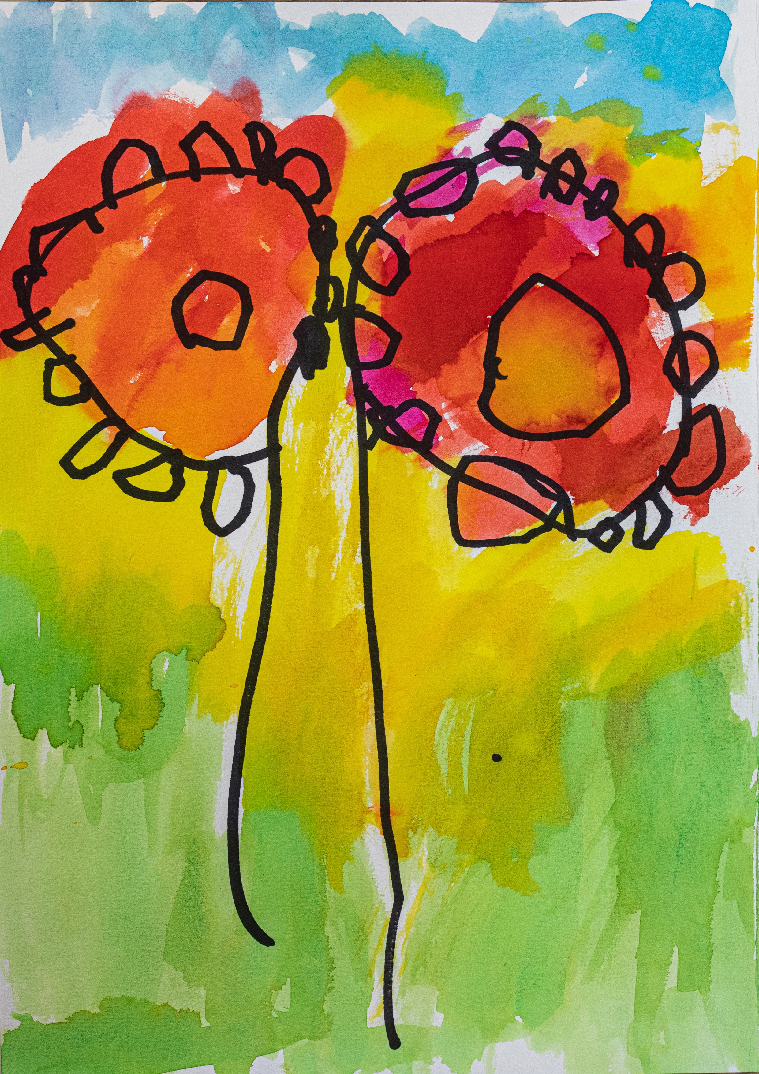 Børnetegning fra Alfehuset i Næstved Kommune. Tegningen er to røde blomster . Baggrunden er blå, grøn og gul.