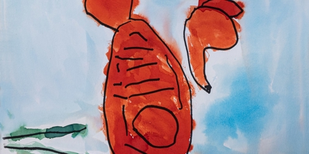 Børnetegning fra Alfehuset i Næstved Kommune. Tegningen er en rød figur, baggrunden er blå.